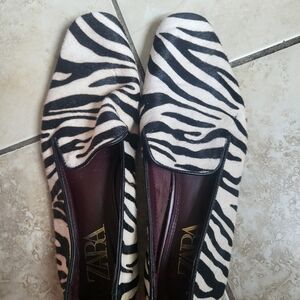 Zara Black and White Zebra Print Slip-On Loafers